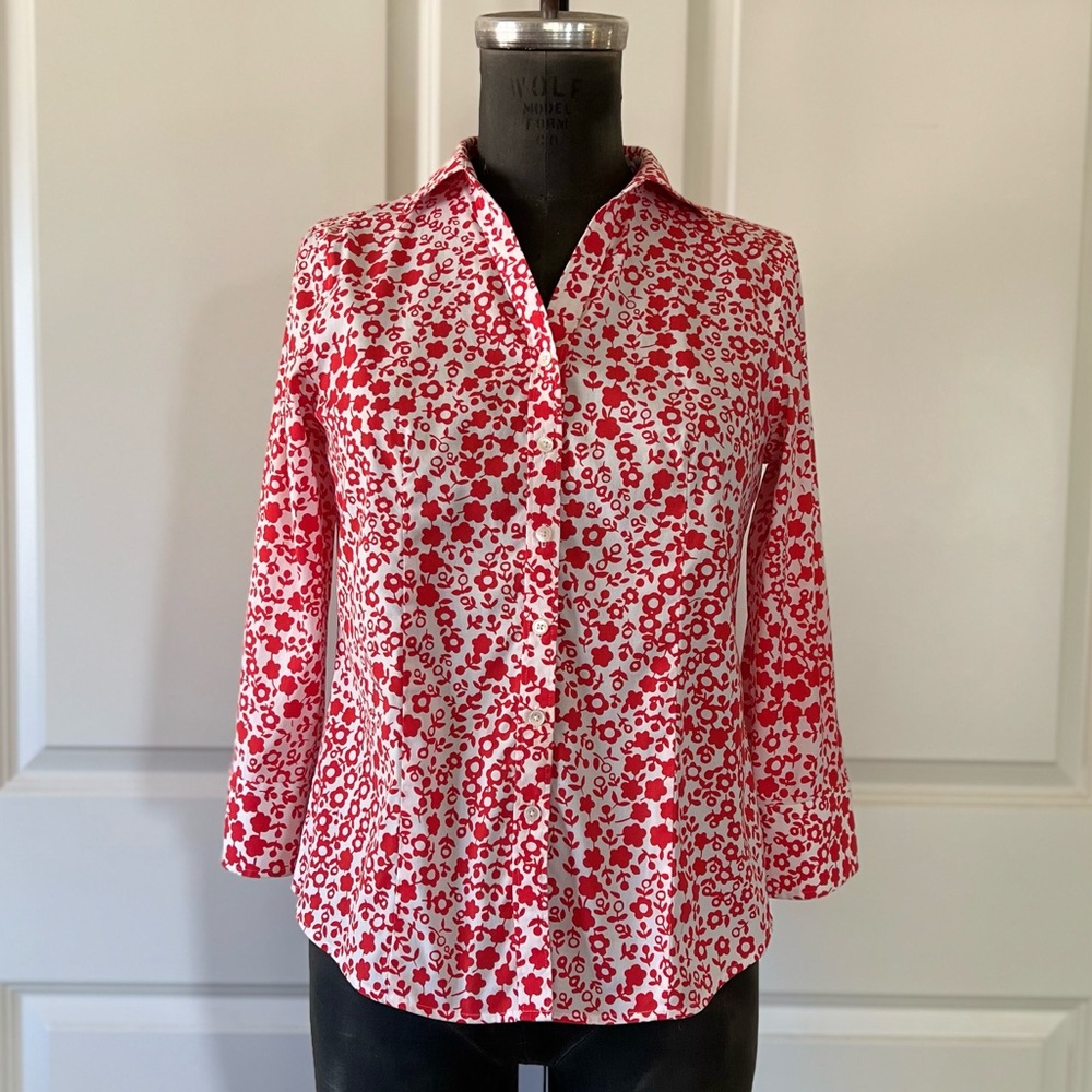 Talbots Petites 2P Red White Floral Stretch Button Front Shirt Top